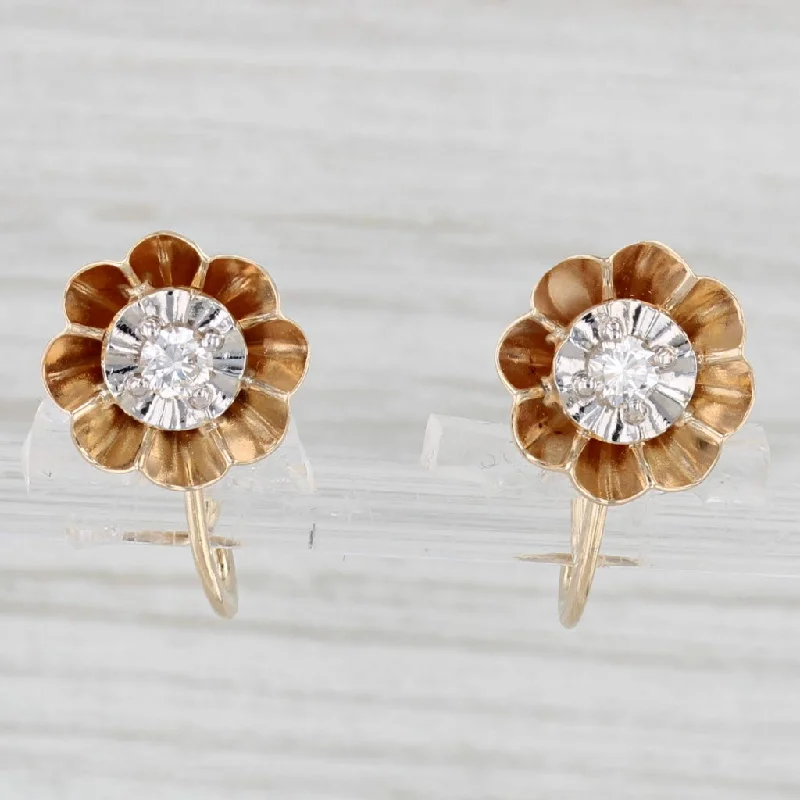 Silver Earrings For Timeless Fashion-0.16ctw Diamond Flower Drop Earrings 14k Yellow Gold Non Pierced Screw Backs