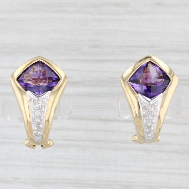 Rose Gold Earrings For Bridesmaids-4.20ctw Amethyst Diamond Drop Earrings 18k Yellow Gold Omega Backs