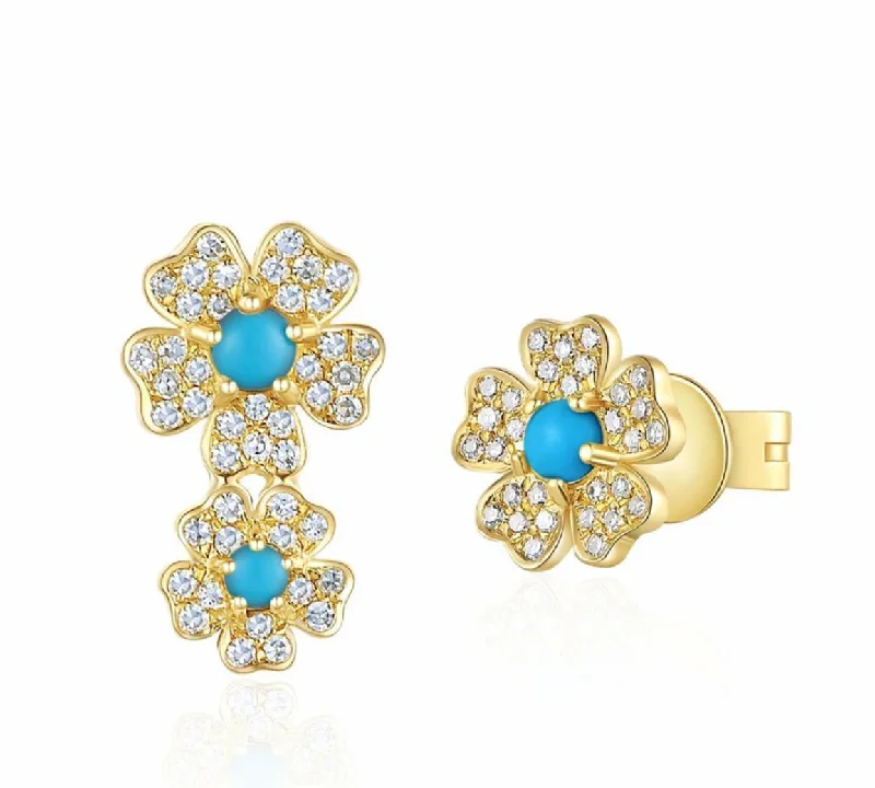 Custom Name Earrings For Personalized Gifts-Yellow 14k Turquoise Flower Stud Earrings