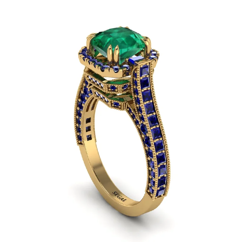 Colorful Gemstone Rings For Fashionistas-Emerald Three Halo Milgrain Engagement Ring - Mira No. 64