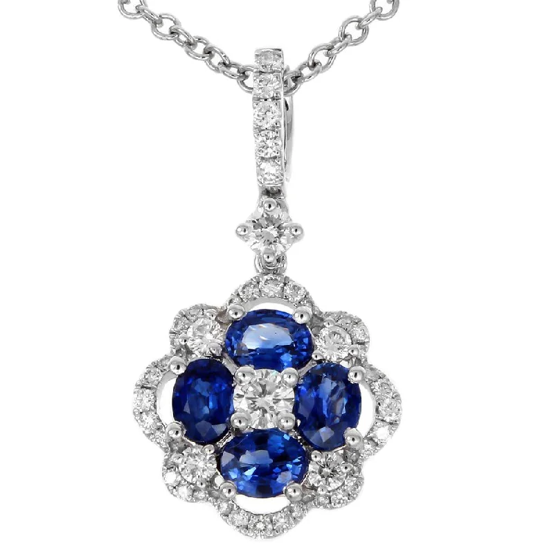 Elegant Pearl Chain Necklaces For Wedding Style-Sapphire & Diamond Flower Pendant Necklace 18K White Gold