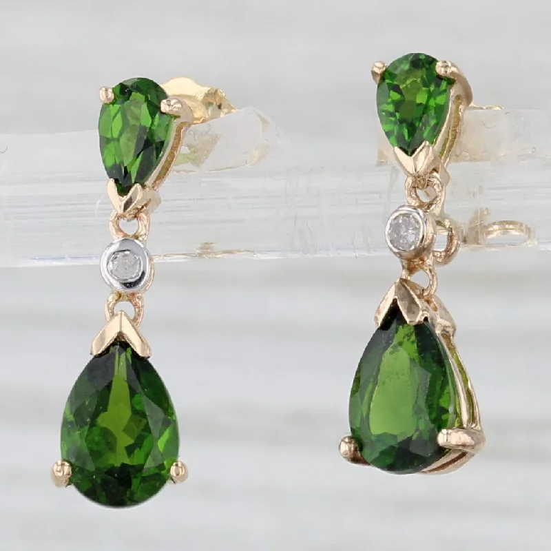 Unique Pearl Earrings For Timeless Elegance-2.13ctw Green Chrome Diopside Teardrop Earrings 10k Yellow Gold Diamond Accented