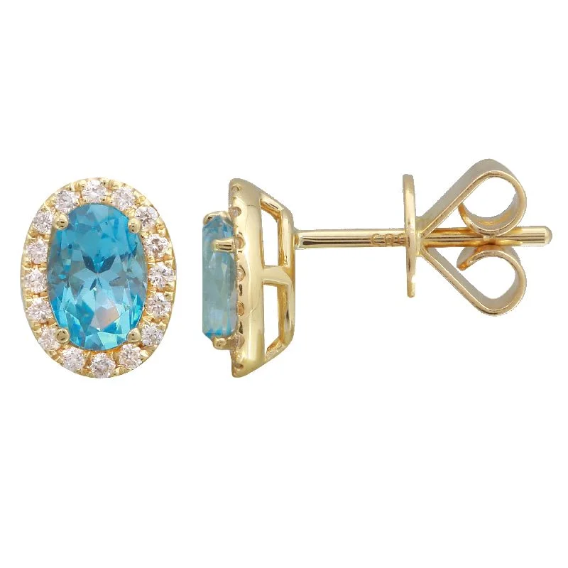 Gold Plated Earrings With Crystals-14k Yellow Blue Topaz & Diamond Oval Gemstone Earrings