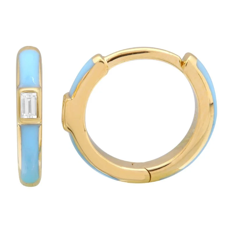 Large Resin Earrings For Artistic Fashion-14k Yellow Gold Light Blue Enamel & Diamond Huggie Earrings