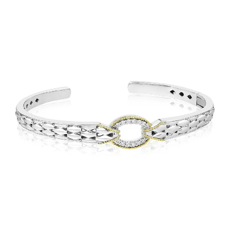 Bangles For Gifts-STERLING SILVER HINGED BANGLE WITH GOLD AND DIAMONDS, .19 CT TW