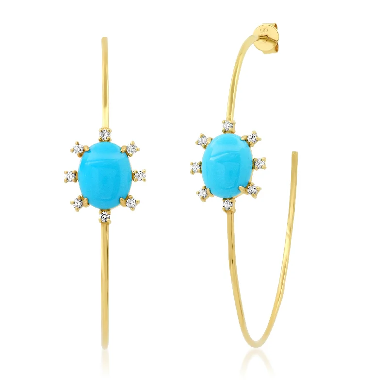 Chic Gold Earrings For Classy Looks-AWAKEN SLEEPING BEAUTY TURQUOISE DIAMOND HOOPS, 14kt GOLD