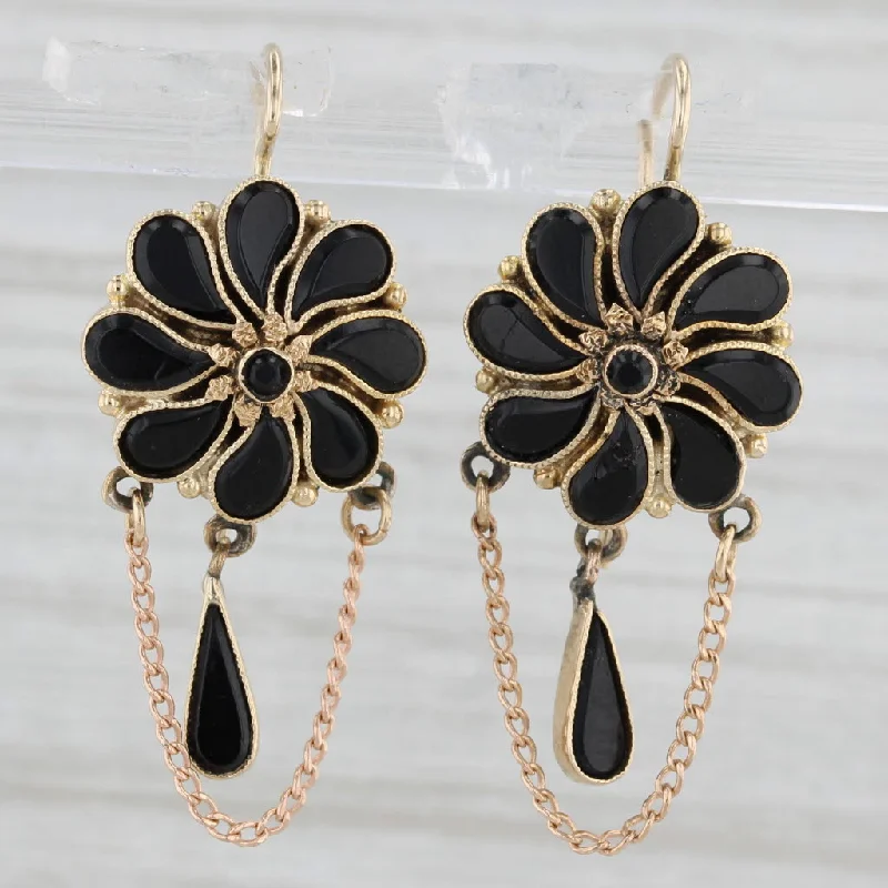 Luxury Diamond Earrings For Wedding Day-Antique Black Glass Flower Drop Earrings 12k Yellow Gold Hook Posts