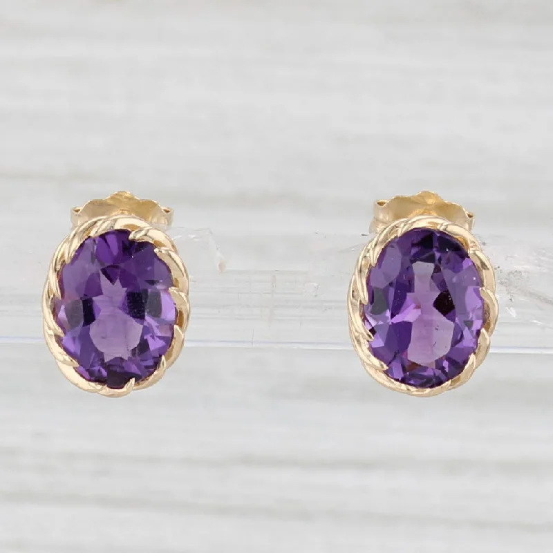 Chic Gold Earrings For Classy Looks-3.10ctw Amethyst Stud Earrings 14k Yellow Gold Oval Solitaires