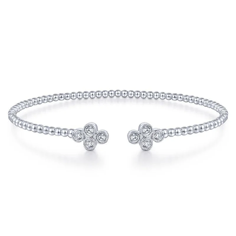 Bracelets With Gold Plating-Gabriel & Co. - BG4124-62W45JJ - 14K White Gold Bujukan Bead Split Cuff Bracelet with Quatrefoil Diamond Endcaps