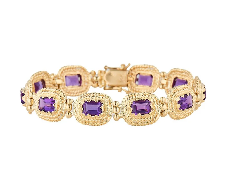 Bracelets With Sleek Design-13.0ctw Emerald Cut Amethyst Double Rope Frame Station Bracelet in 14K