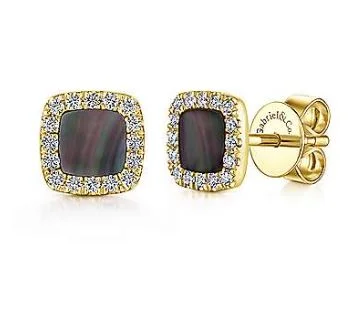 Fashion Hoop Earrings For Women-14K Yellow Gold Diamond + Black Mother of Pearl Square Stud Earrings