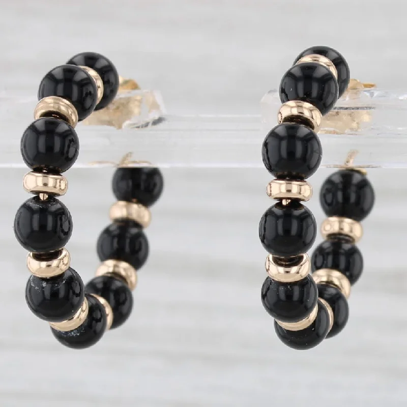 Modern Geometric Earrings-Onyx Bead Hoop Earrings 14k Yellow Gold Round Hoops