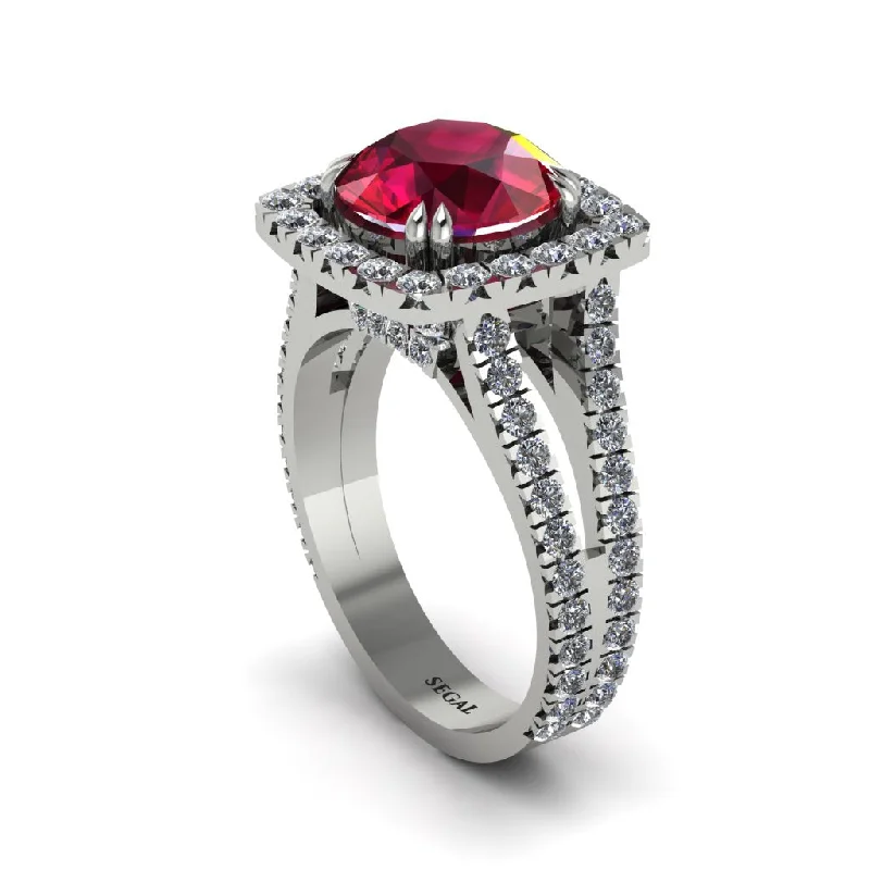 Personalized Gemstone Wedding Rings For Brides-Ruby Pave Split Shank Engagement Ring - Averie No. 12