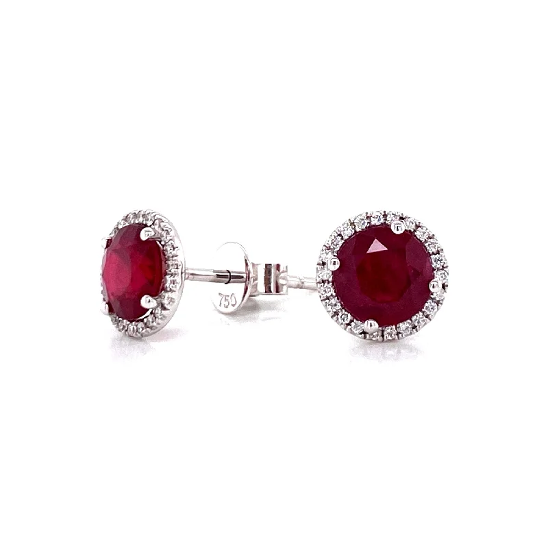 Artistic Earrings For Creative Looks-18K White Gold Diamond Halo + Ruby Stud Earrings