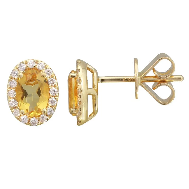 Handmade Earrings For Women-14k Yellow Citrine & Diamond Oval Gemstone Earrings