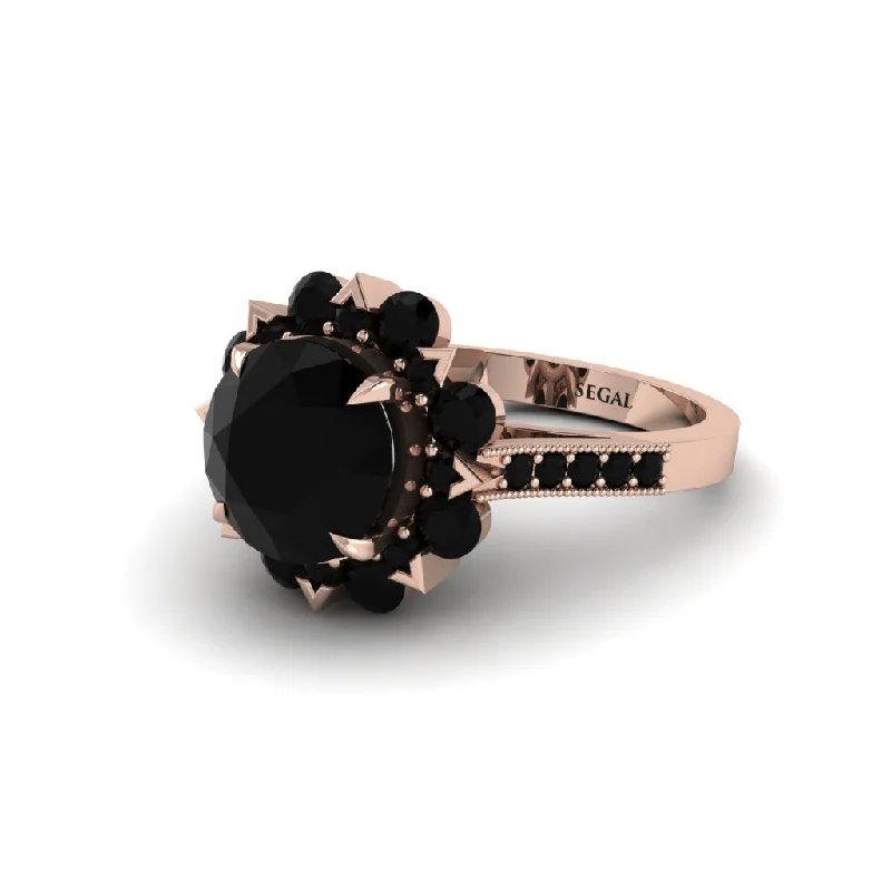 Rose Gold Engagement Rings For Brides-Black Diamond Halo Sunburst Engagement Ring - Winter No. 38