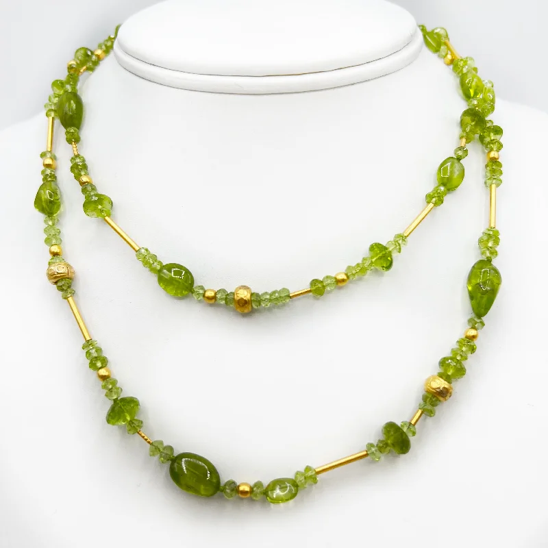 Simple Name Necklace For Personalized Jewelry-Peridot and Golden Beads Long Necklace