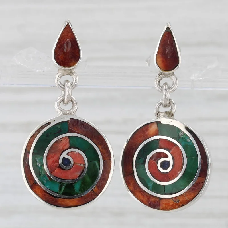 Classy Stud Earrings For Office Wear-Pachamama Colorful Mosaic Swirl Dangle Earrings 950 Silver Pierced Drops