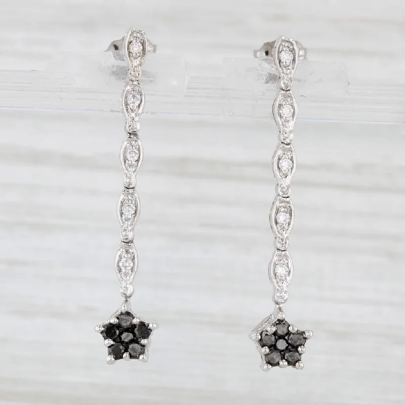 Gorgeous Earrings For Evening Parties-0.35ctw Black White Diamond Flower Drop Earrings 14k White Gold