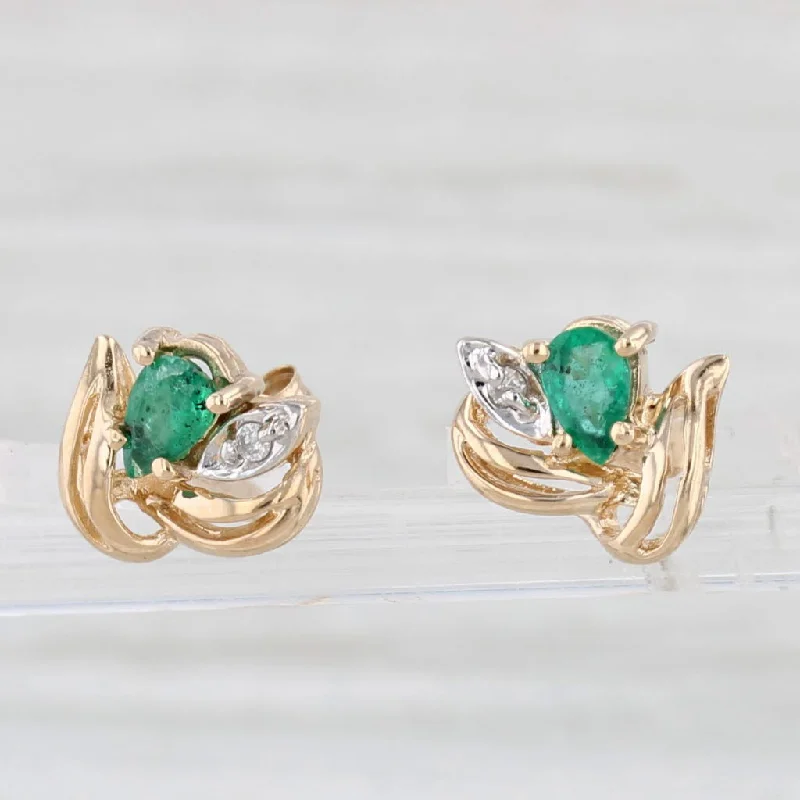 Fashion Gold Earrings For Stylish Women-0.30ctw Emerald Diamond Flower Stud Earrings 14k Yellow Gold