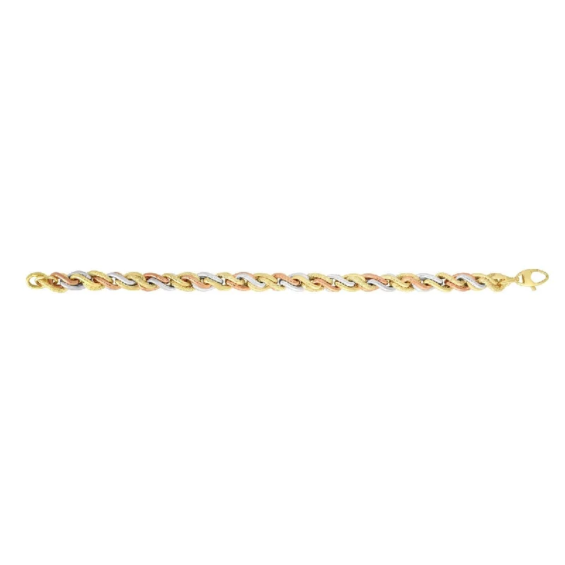 Bracelets With Crystal Clear Stones-14kt 7.75" Yellow+White Gold 7mm Shiny+Textured Twisted Rope Fancy Bracelet with Fancy Lobster ClaspAUF1088-0775