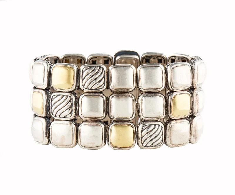 Bracelets For Party Wear-David Yurman Triple Row Two Tone Chiclet Bracelet in 18K and Sterling