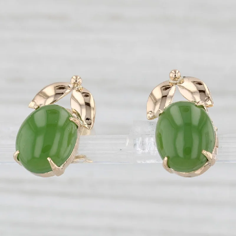 Elegant Earrings For Formal Occasions-Green Nephrite Jade Leaf Stud Earrings 14k Yellow Gold