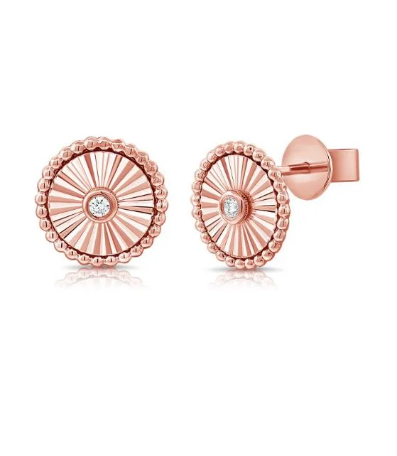 Simple Earrings For Everyday Wear-14K Rose Gold Diamond Fluted Disc Stud Earrings