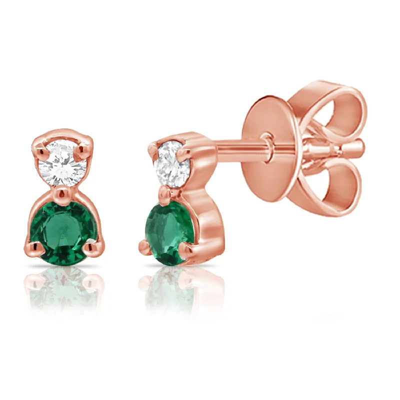 Geometric Drop Earrings For Modern Fashion-14K Rose Gold Diamond + Emerald Mini Stud Earrings