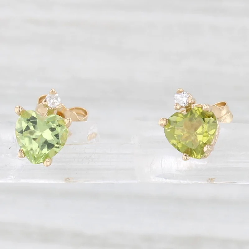 Simple Silver Stud Earrings For Casual Wear-1.03ctw Peridot Heart Diamond Stud Earrings 14k Yellow Gold