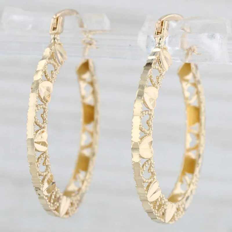 Trendy Crystal Earrings For Holiday Wear-Heart Pattern Hoop Earrings 14k Yellow Gold Snap Top Round Hoops