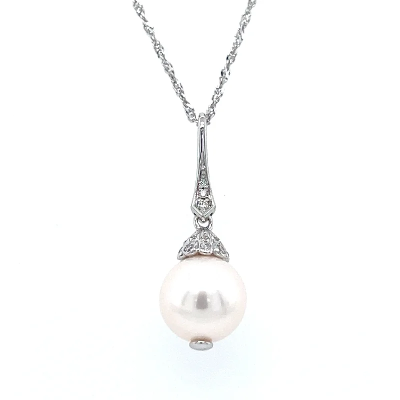 Trendy Gold Pendant Necklaces For Bold Fashion-14k White Gold Akoya Cultured Pearl & Diamond Necklace by Rego Designs