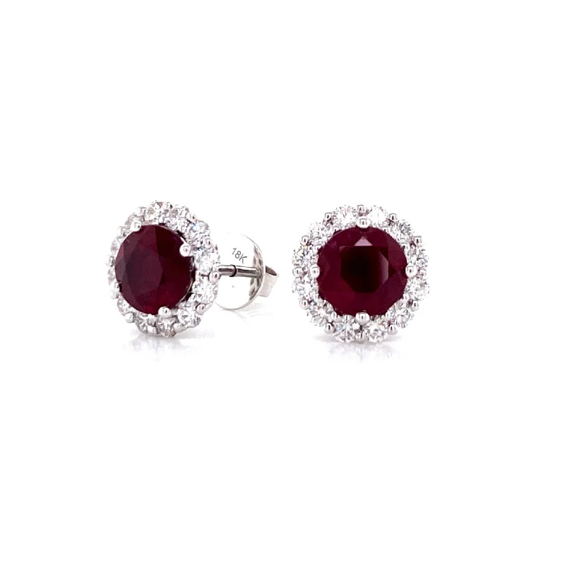 Statement Gemstone Earrings For Bold Fashion-18K White Gold Diamond Halo + Ruby Stud Earrings