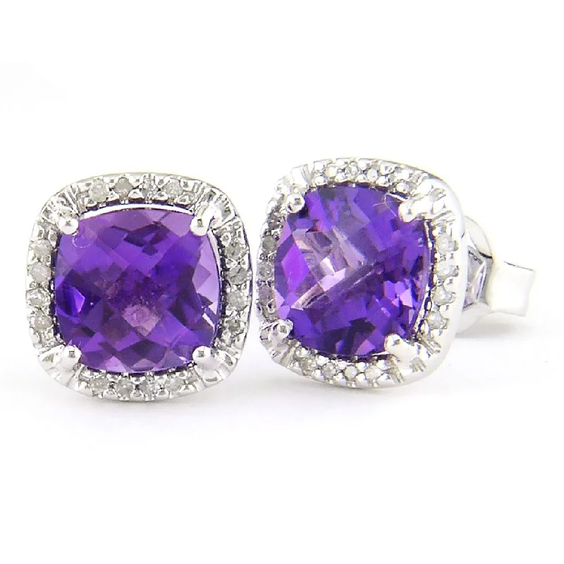 Double Hoop Earrings For Trendy Looks-14K White Gold Diamond & Amethyst Earrings