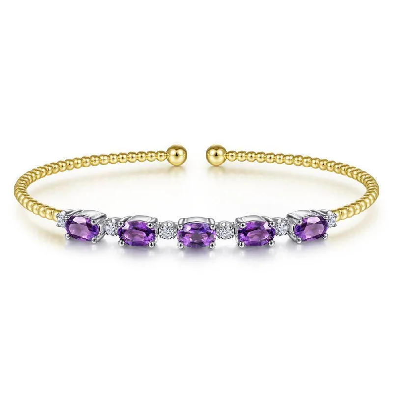 Bracelets For Dazzling Looks-Gabriel & Co. - BG4448-62M45AM - 14K White-Yellow Gold Bujukan Bead Cuff Bracelet with Amethyst and Diamond Stations