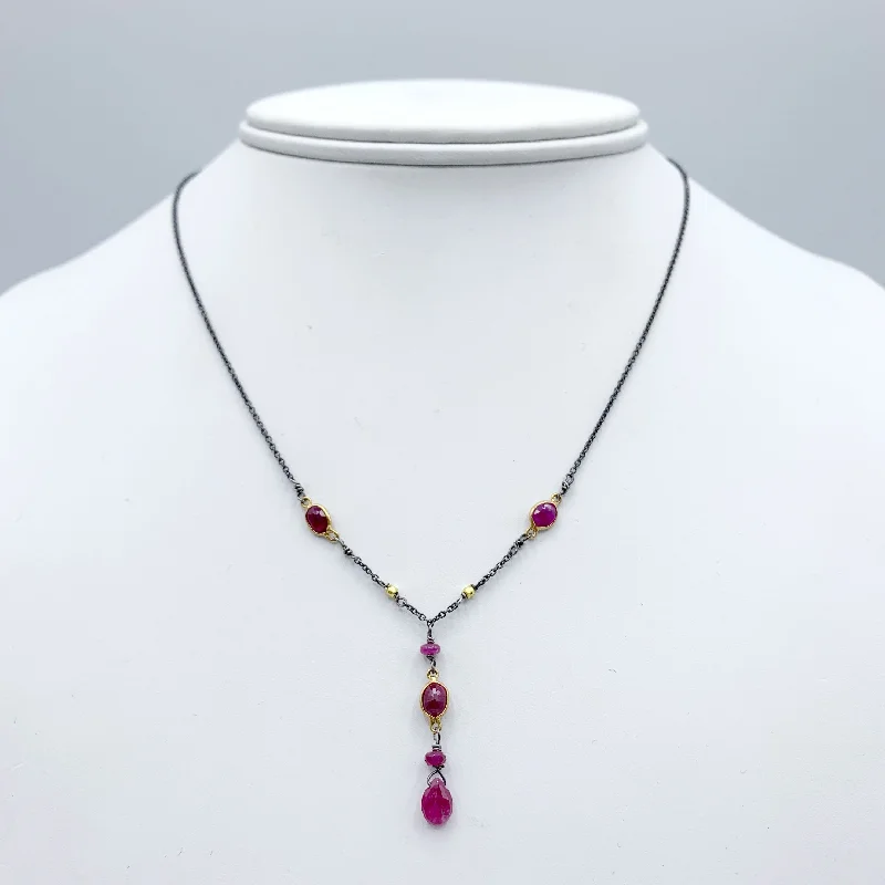 Long Silver Necklaces For Fashionistas-Oxidized Silver Chain with Ruby and 14 Karat Yellow Gold Beads Necklace