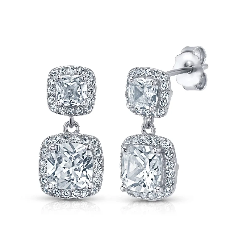 Luxury Diamond Earrings For Weddings-HALO PRINCESS CUT DROP EARRINGS, SILVER