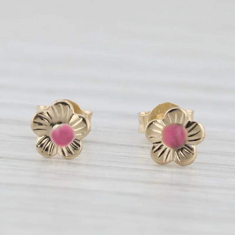 Beautiful Hoop Earrings For Every Day-Small Pink Enamel Flower Stud Earrings 14k Yellow Gold