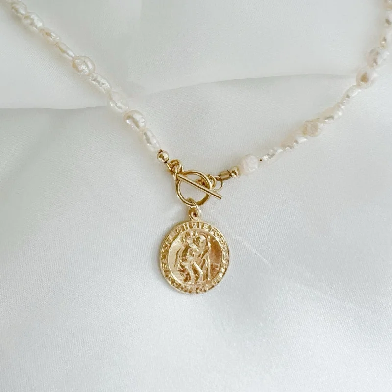 Statement Pendant Necklaces For Bold Style-Saint Christopher Toggle Pearl Necklace