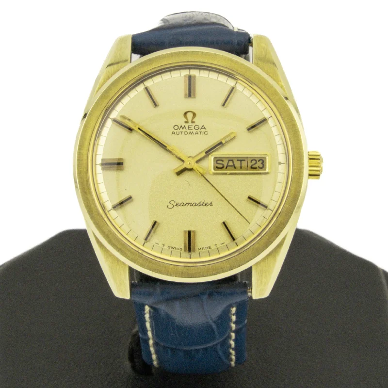 Watches With Love Messages-Vintage Omega Seamaster in Stainless Steel and 14K Yellow Gold Filled with Genuine Leather Blue Band