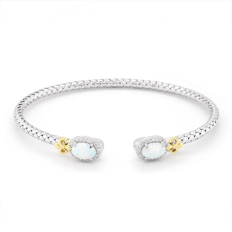 Bangles With Floral Patterns-STERLING SILVER OPEN BANGLE BRACELET WITH OPALS AND GOLD ACCENTS