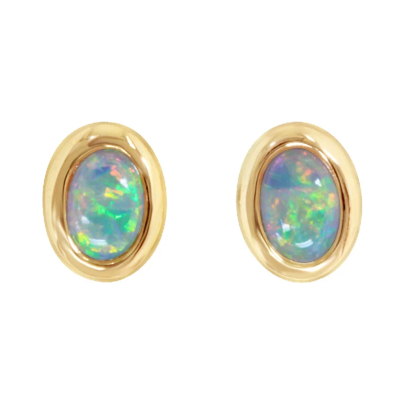 Unique Wooden Earrings For Nature Lovers-14K Yellow Gold Australian Opal Stud Earrings