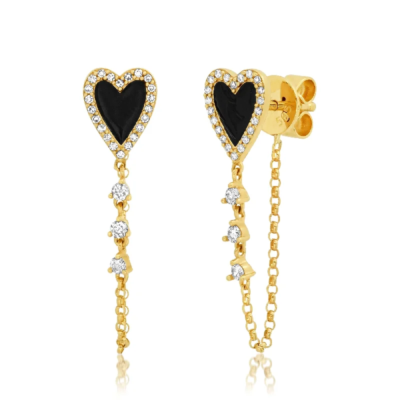 Colorful Earrings For Happy Vibes-BLACK ENAMEL HEART CHAIN EARRINGS, GOLD