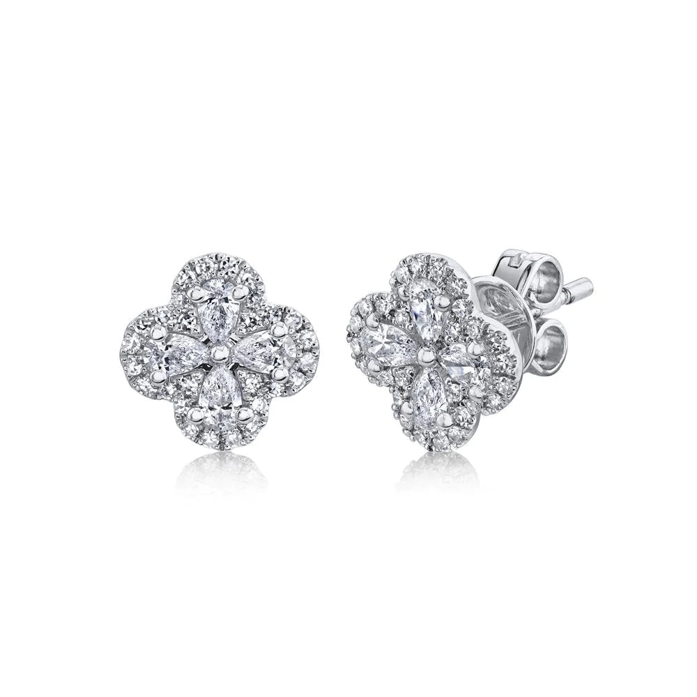 Glamorous Crystal Earrings For Brides-14K White Gold Diamond Clover Earrings