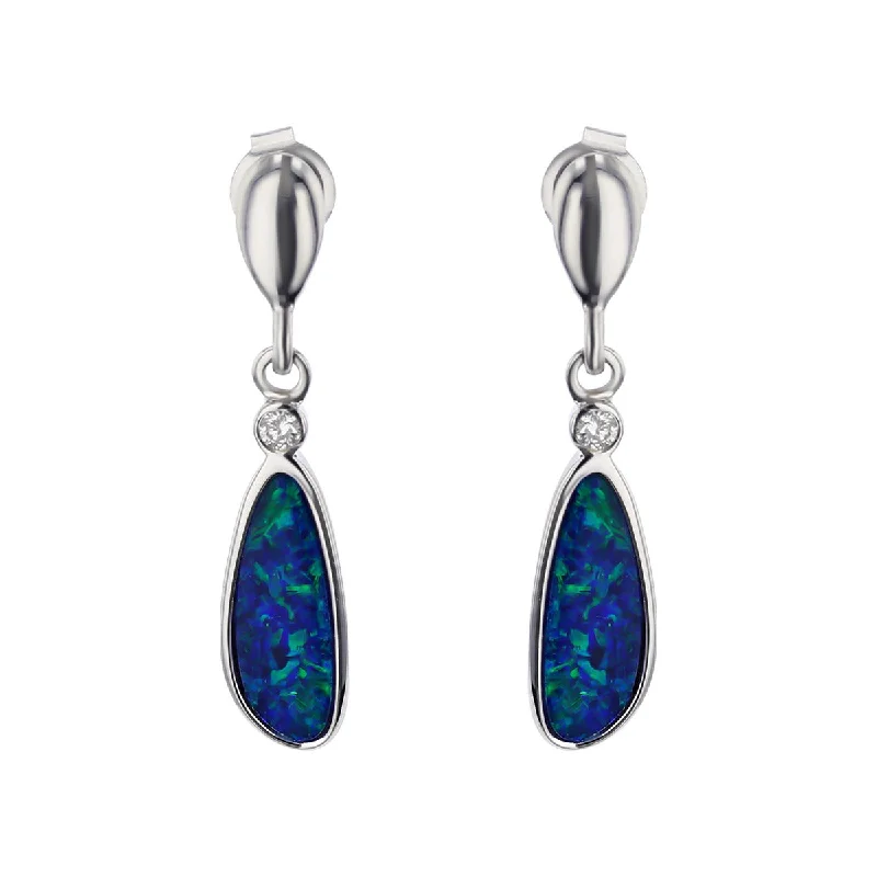 Colorful Earrings For Playful Fashion-14K White Gold Opal and Diamond Drop Earrings