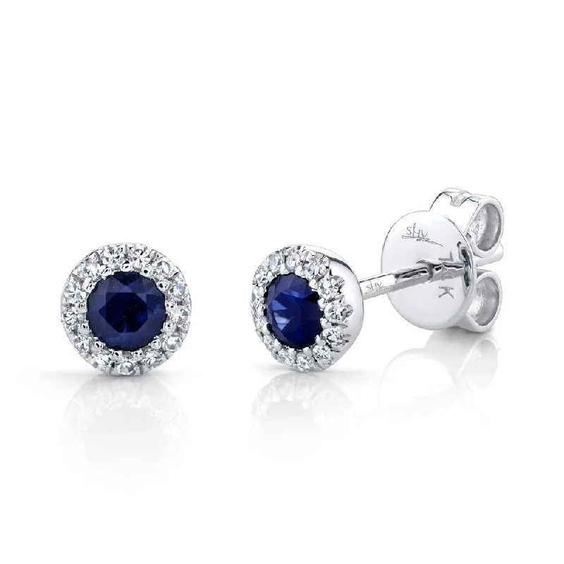 Simple Silver Stud Earrings For Casual Wear-14K White Gold Diamond + Blue Sapphire Earrings