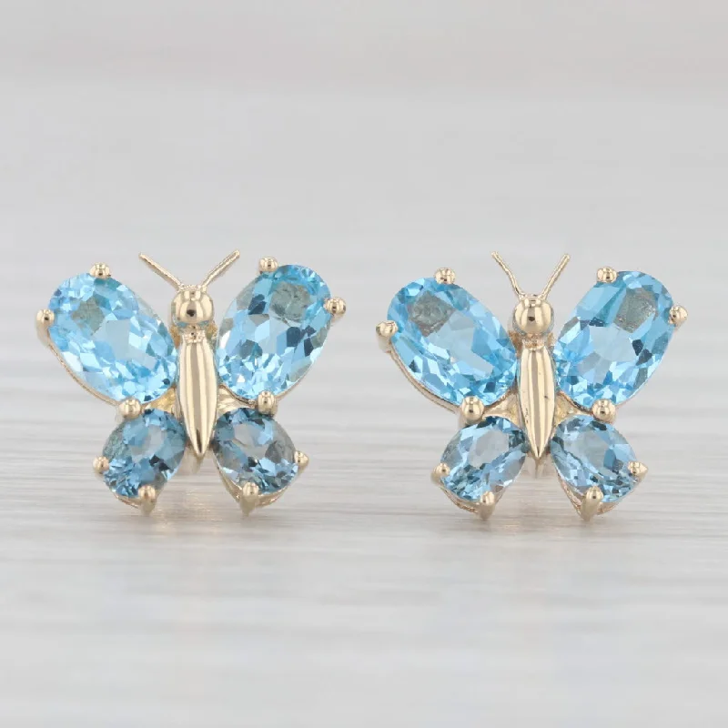 Personalized Pearl Earrings For Bridal Gifts-3.10ctw Blue Topaz Butterfly Stud Earrings 10k Yellow Gold