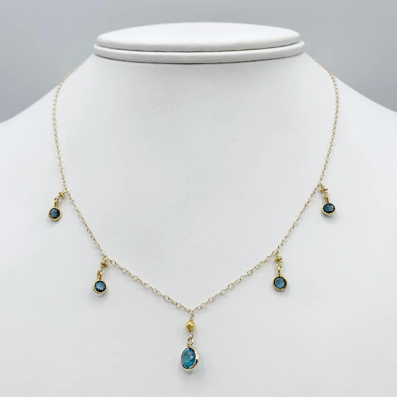 Elegant Pendant Necklaces For Bridesmaids-Blue Topaz Bezel Drops with 18 Karat Yellow Gold Beads on 14 Karat Yellow Gold Chain Necklace