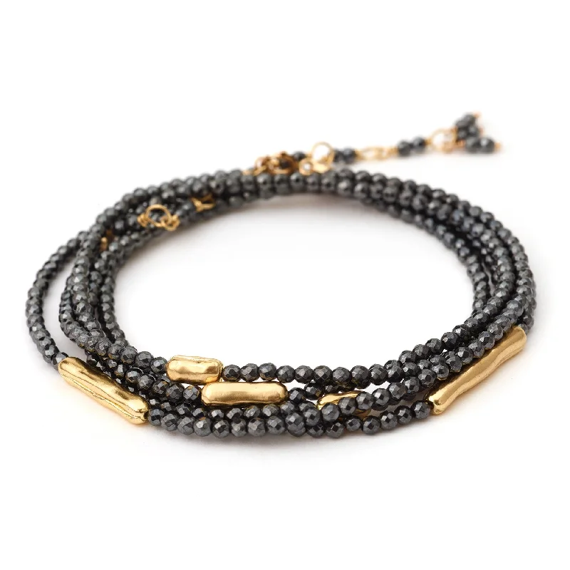 Trendy Multi-Layered Necklaces For Bold Style-Anne Sportun Five Gold Bar Accent Hematite Beaded Wrap Bracelet & Necklace 34" B274G-HEM