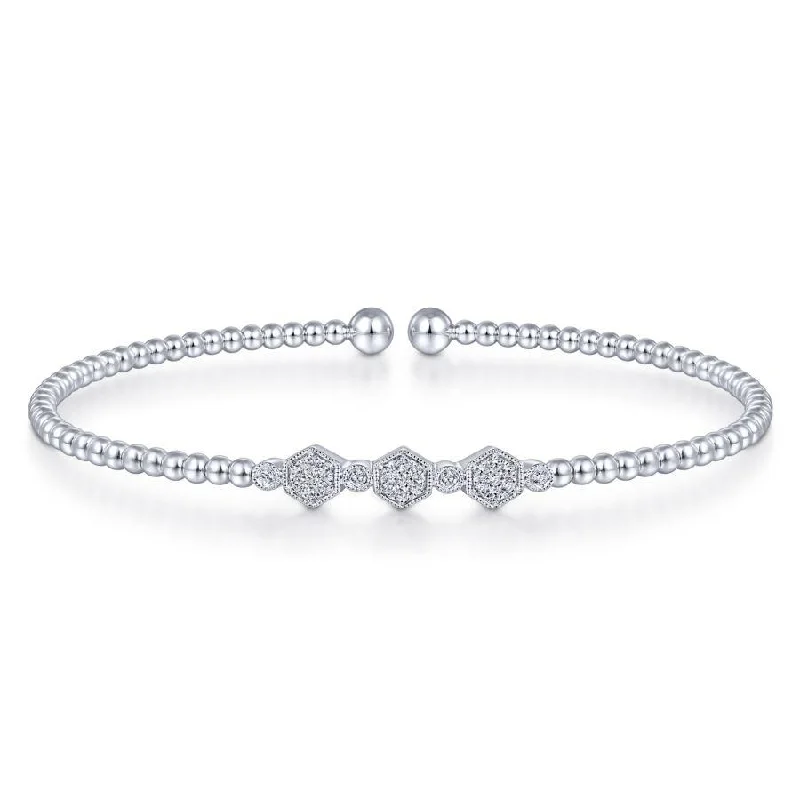 Bracelets For Holiday Parties-Gabriel & Co. - BG4117-62W45JJ - 14K White Gold Bujukan Bead Cuff Bracelet with Cluster Diamond Hexagon Stations